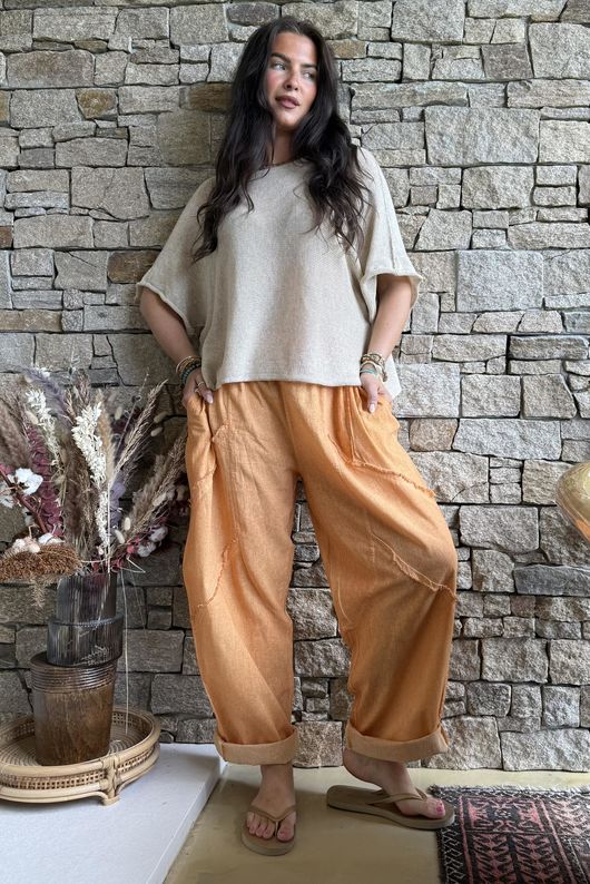Rustic Nature Linen Blend Barrel Pant Washed Cayenne